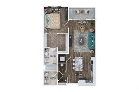 Floor plan for 1 bed, 1.5 baths, 769 sqft
